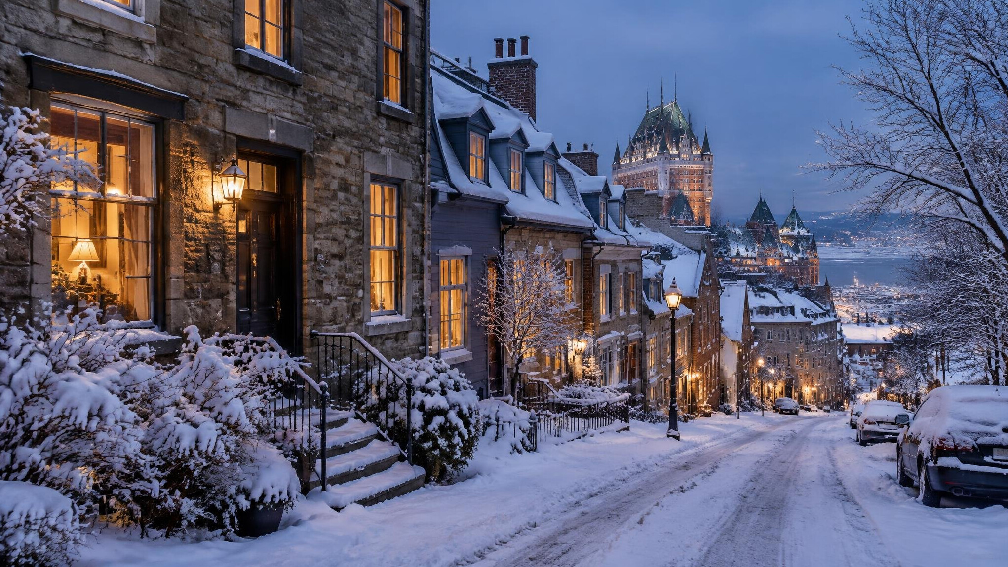 Snow-covered neighborhood street in winter at dusk