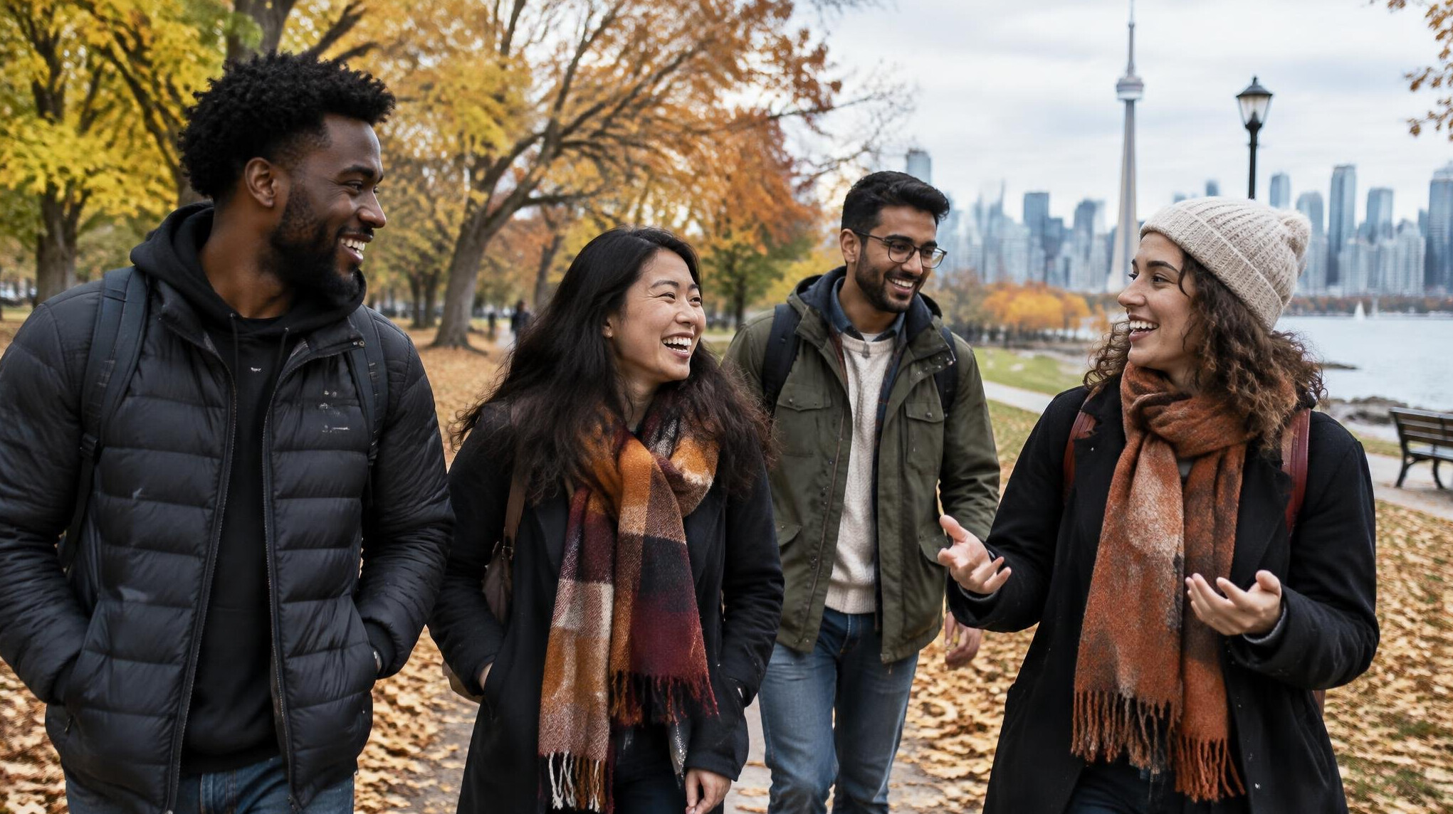 Group of friends walking through an autumn park