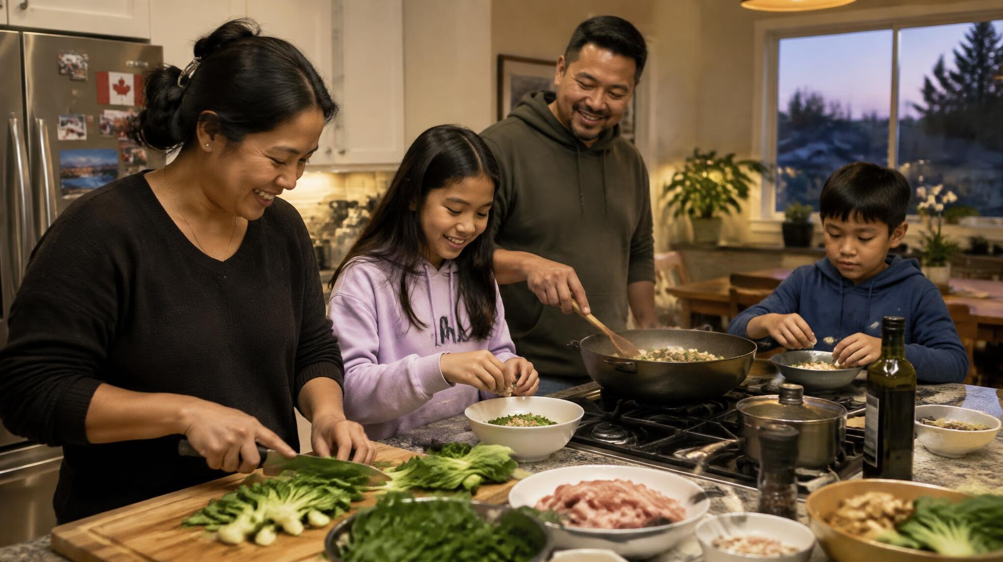 Family gathered in kitchen preparing a meal together