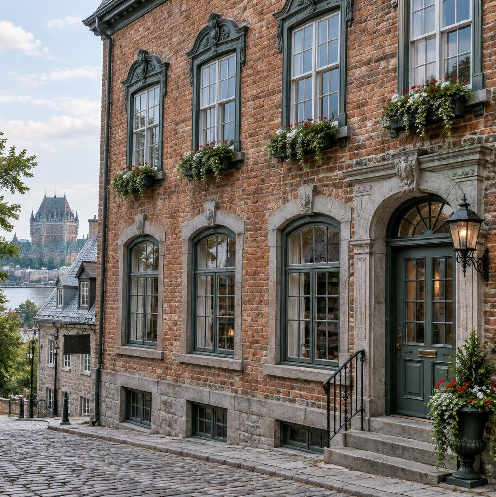 Historic brick building facade in an old city district