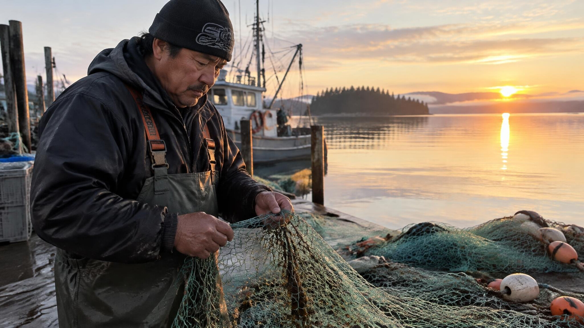 Fisherman checking nets at sunrise on a dock