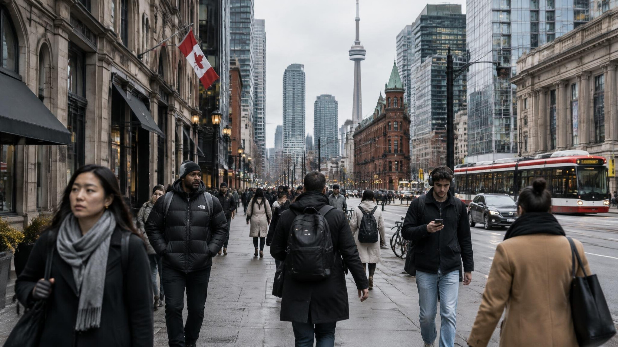 Busy downtown street in a Canadian city with pedestrians