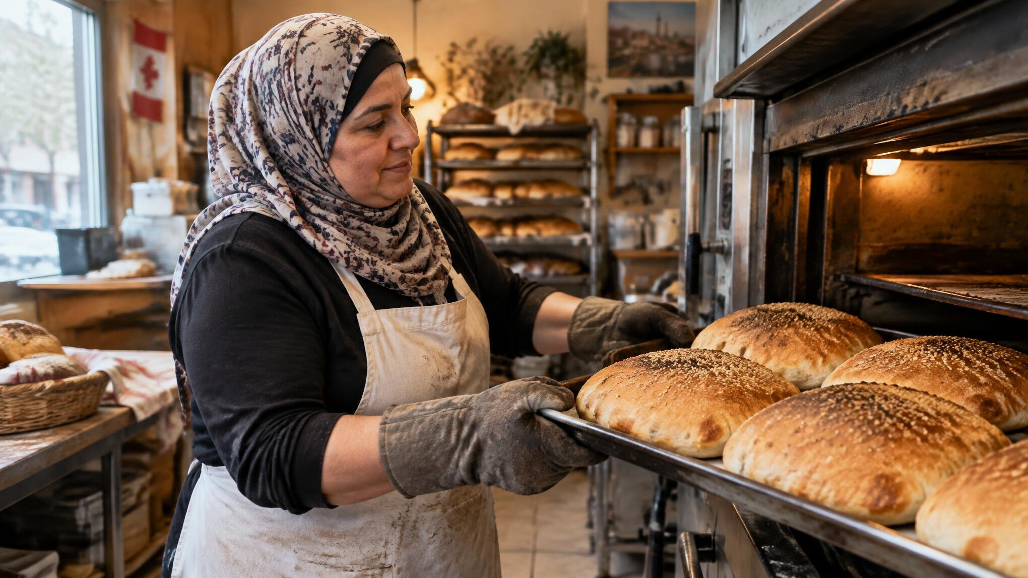 Baker taking fresh bread out of an oven