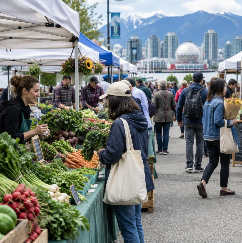 Outdoor farmers market with vendors and shoppers