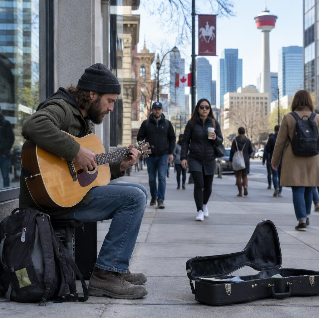 Street musician playing guitar on a city sidewalk