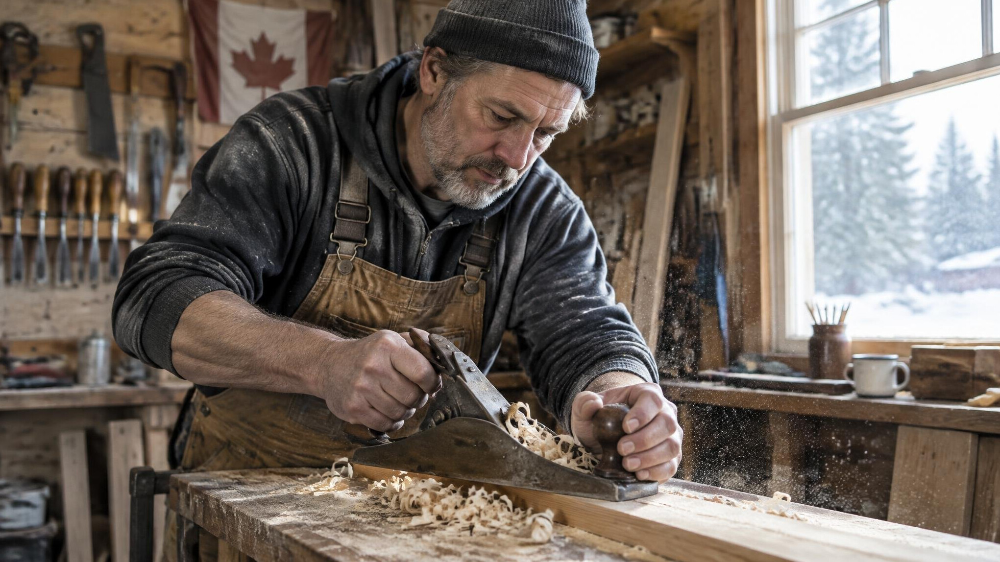 Carpenter working with wood tools in a small workshop