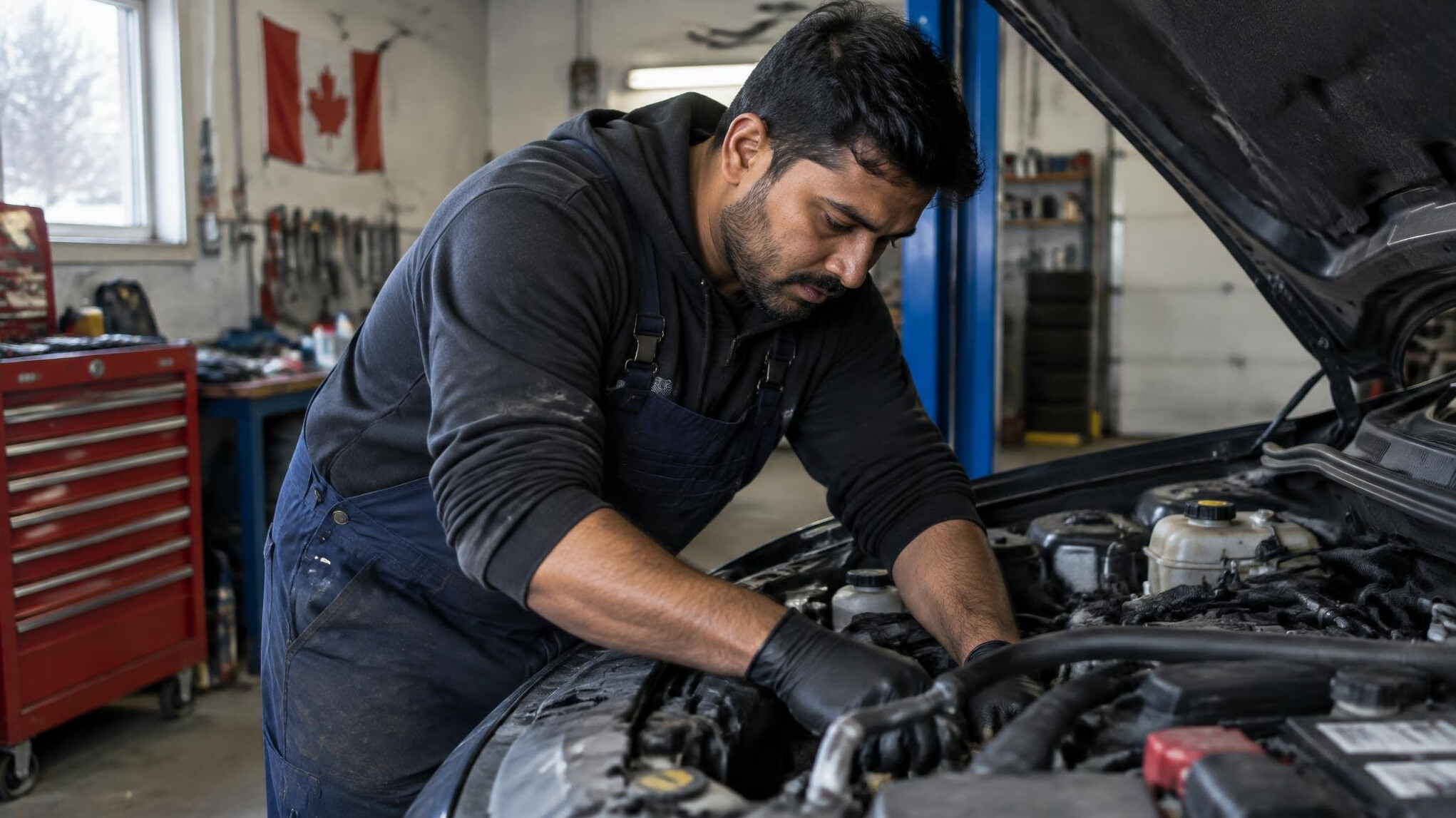 Mechanic working under the hood of a car in a garage