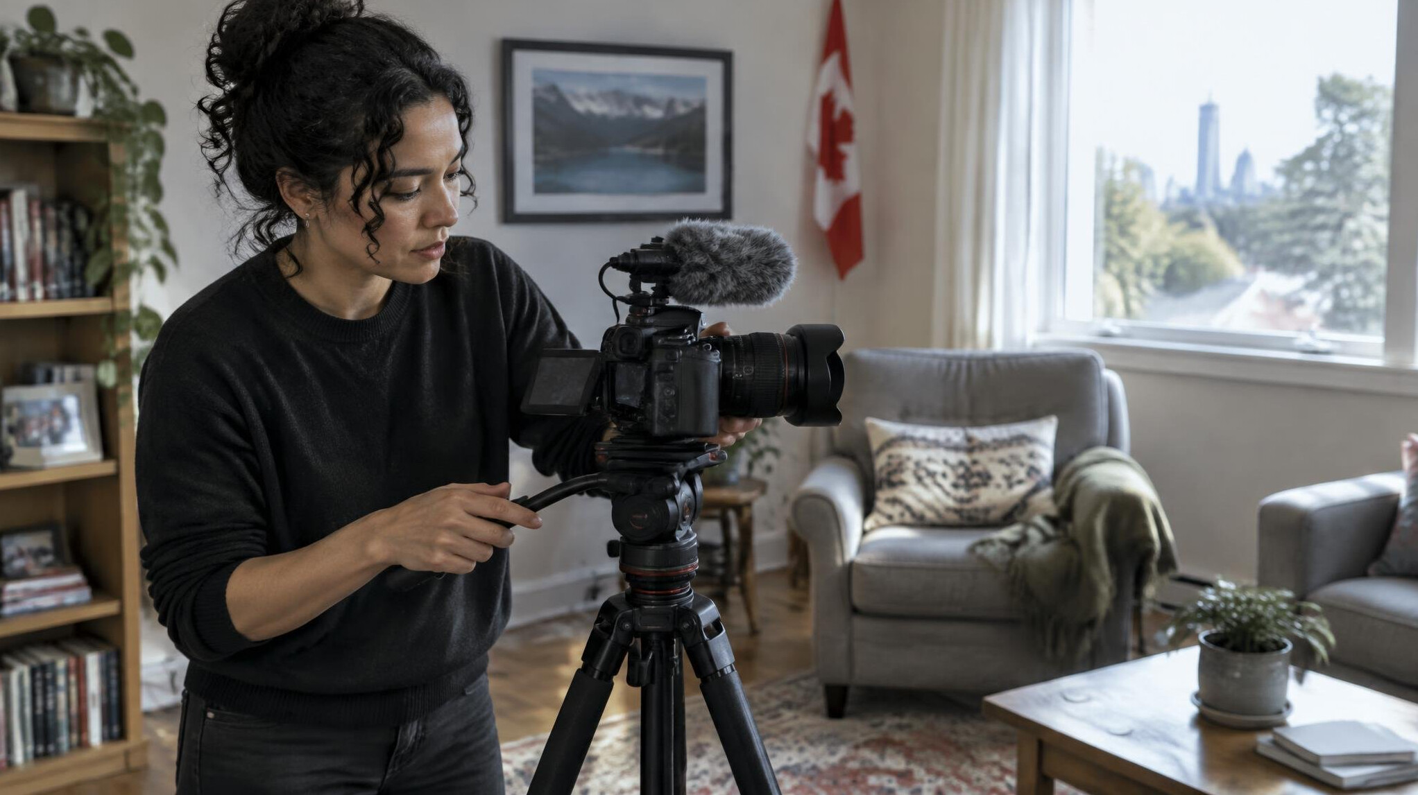 Filmmaker setting up a camera for an interview