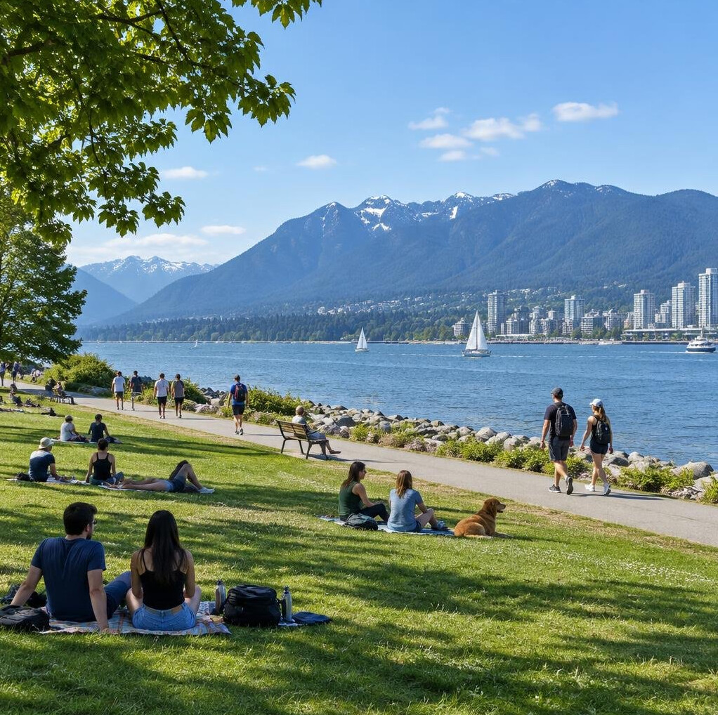 Lakeside park with people relaxing on the grass