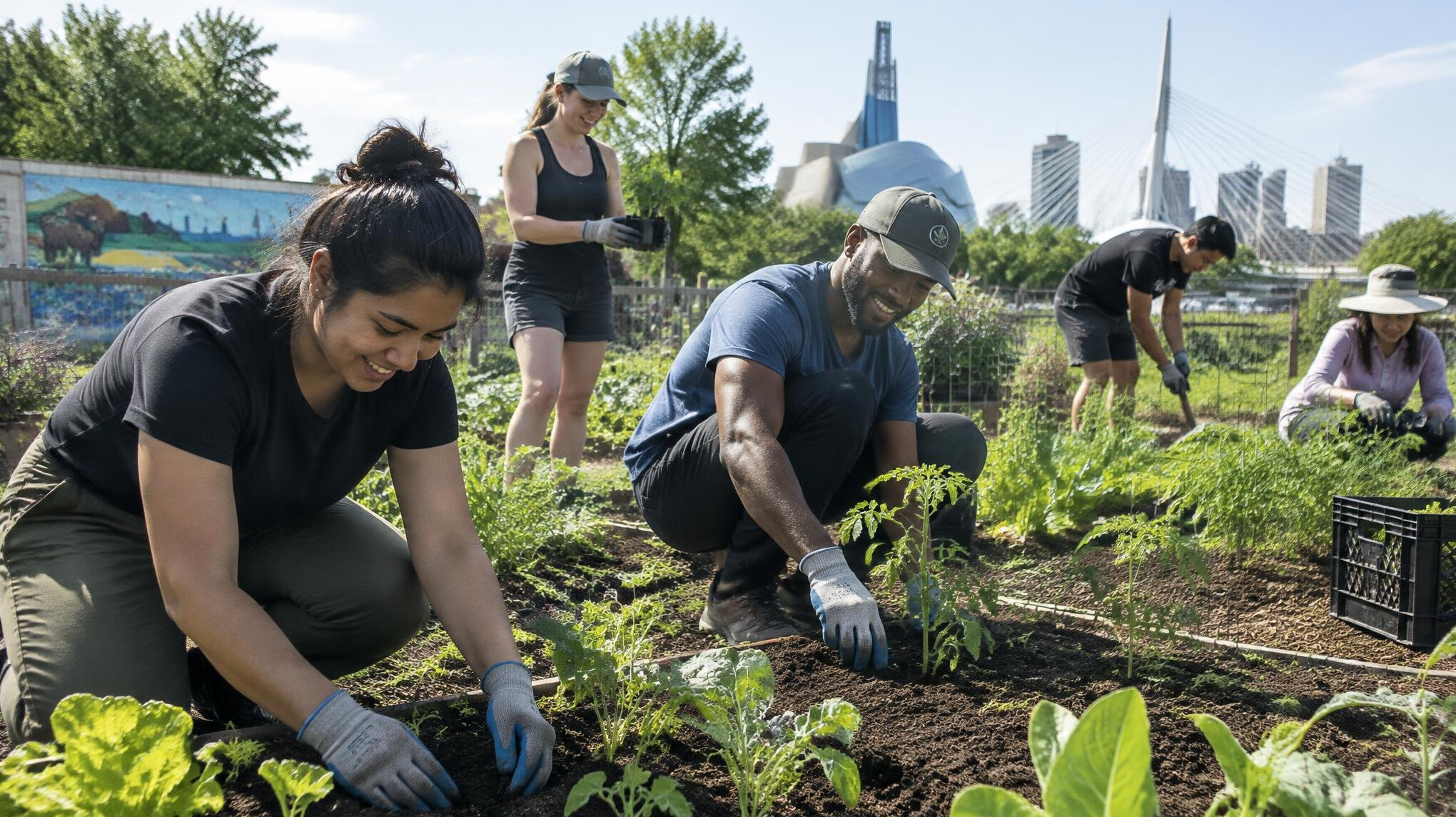 Community garden with volunteers planting vegetables
