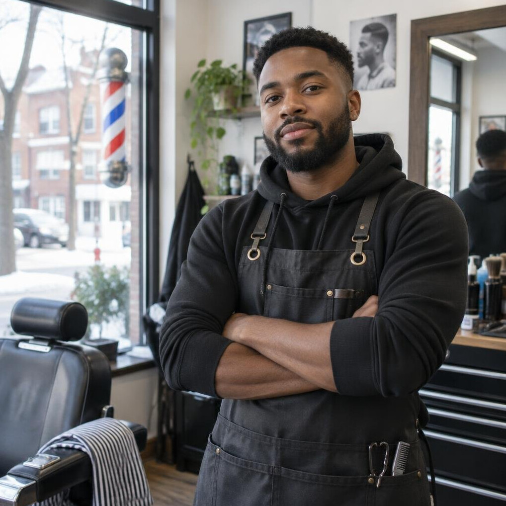 Portrait of a young barber in his shop